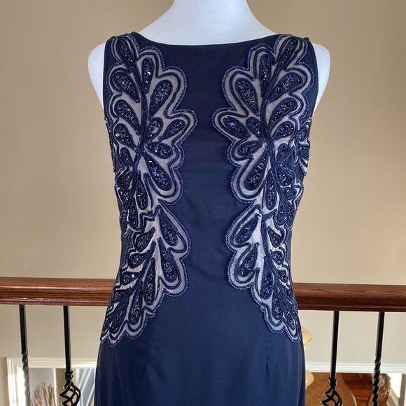 JS Collections Navy Blue Sleeveless Embroidered Holiday Party Gown Maxi Dress 4 - Picture 3 of 9